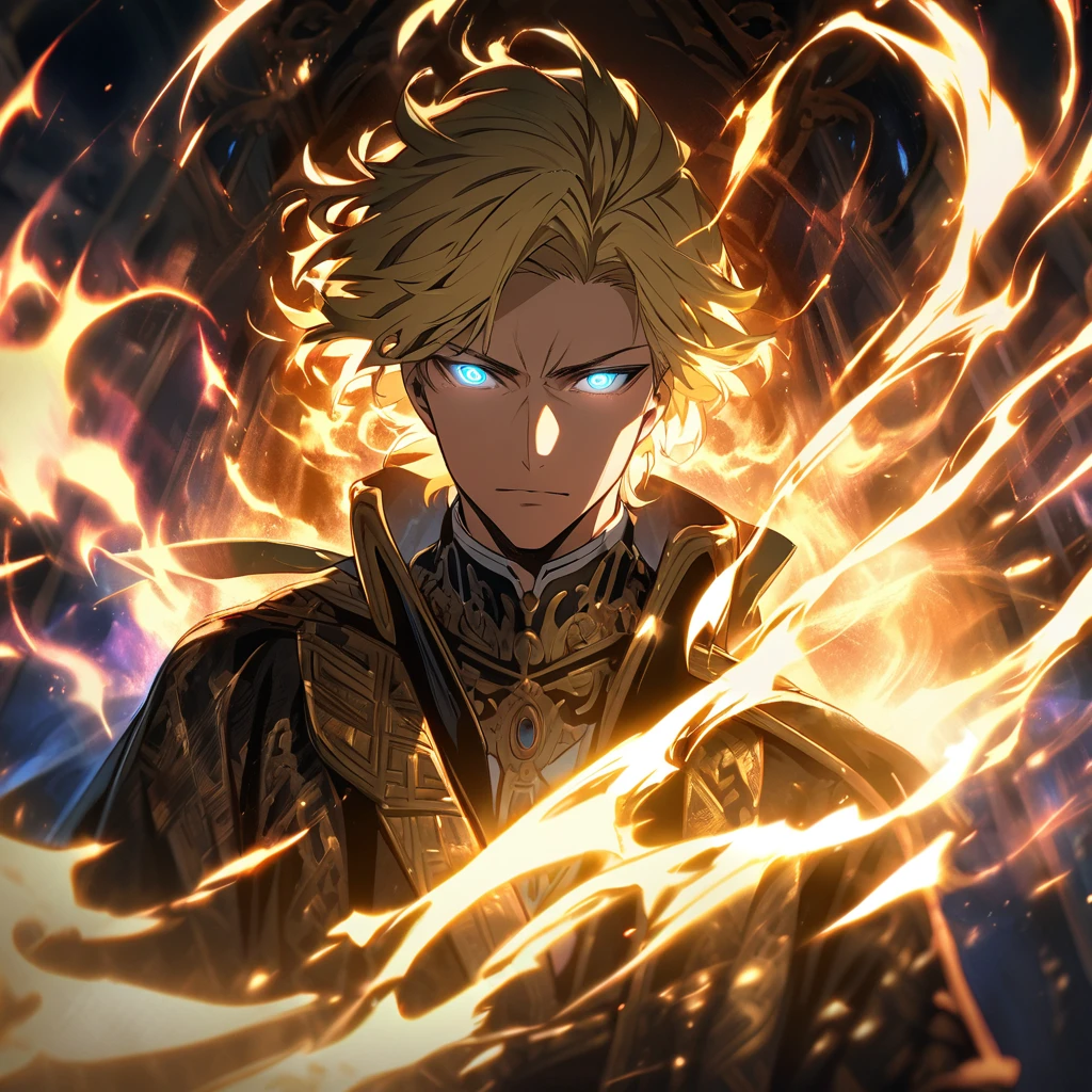 male, solo, handsome, blond hair, god, god eyes, glowing eyes, light, aura, holo, golden