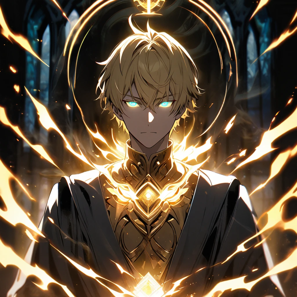 male, solo, handsome, blond hair, god, god eyes, glowing eyes, light, aura, holo, golden