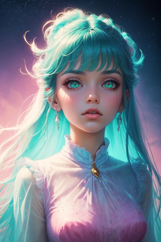 (fluorescent colors:1.4),(translucent:1.4),(retro filters:1.4), (fantasy:1.4), candy world Disney land ethereal soft fluffy soft landscape forest snowavatar Pastel pink sky green blue sparkle ethereal light pastel whimsical light rainbow stars diamonds sparkle gemstone background hyper realistic Ultra quality cinematic lighting immense detail Full hd painting Well lit,diagonal bangs,, collared dress,on side, masterpiece, best quality,realskin,(portrait:1.5), 1girl, blunt bangs, long hair