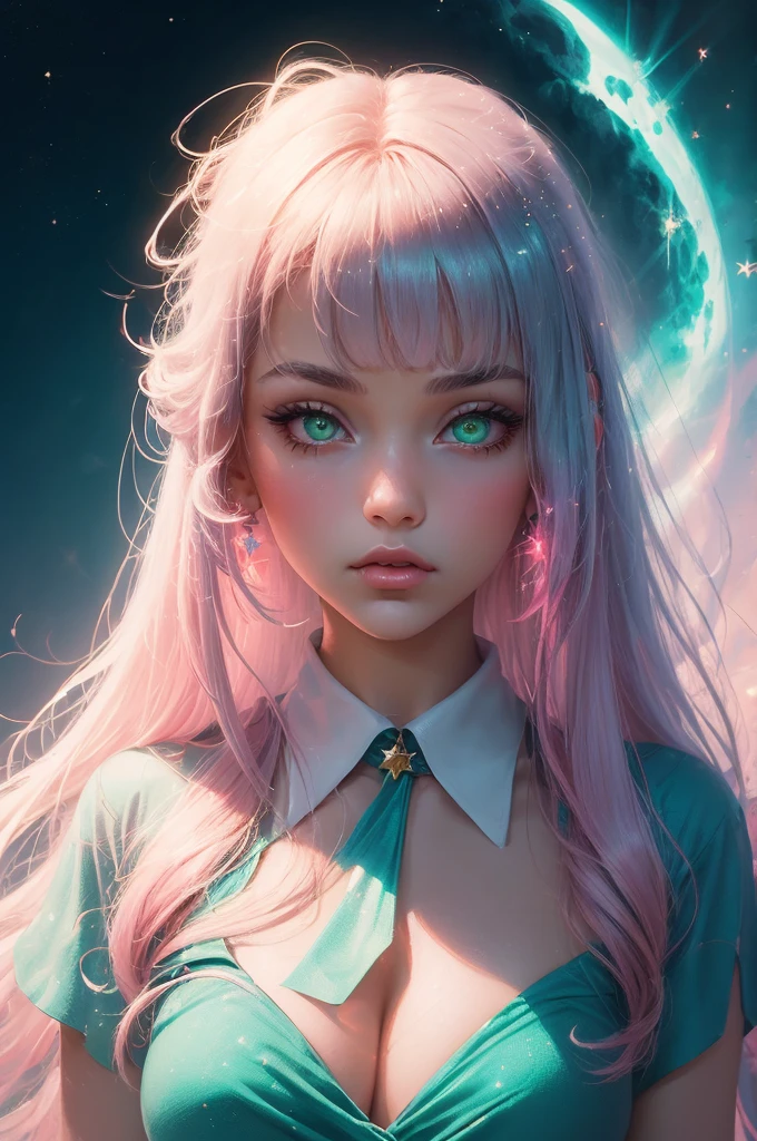 (fluorescent colors:1.4),(translucent:1.4),(retro filters:1.4), (fantasy:1.4), candy world Disney land ethereal soft fluffy soft landscape forest snowavatar Pastel pink sky green blue sparkle ethereal light pastel whimsical light rainbow stars diamonds sparkle gemstone background hyper realistic Ultra quality cinematic lighting immense detail Full hd painting Well lit,diagonal bangs,, collared dress,on side, masterpiece, best quality,realskin,(portrait:1.5), 1girl, blunt bangs, long hair