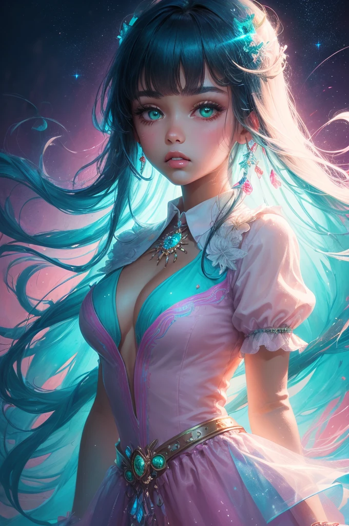 (fluorescent colors:1.4),(translucent:1.4),(retro filters:1.4), (fantasy:1.4), candy world Disney land ethereal soft fluffy soft landscape forest snowavatar Pastel pink sky green blue sparkle ethereal light pastel whimsical light rainbow stars diamonds sparkle gemstone background hyper realistic Ultra quality cinematic lighting immense detail Full hd painting Well lit,diagonal bangs,, collared dress,on side, masterpiece, best quality,realskin,(portrait:1.5), 1girl, blunt bangs, long hair