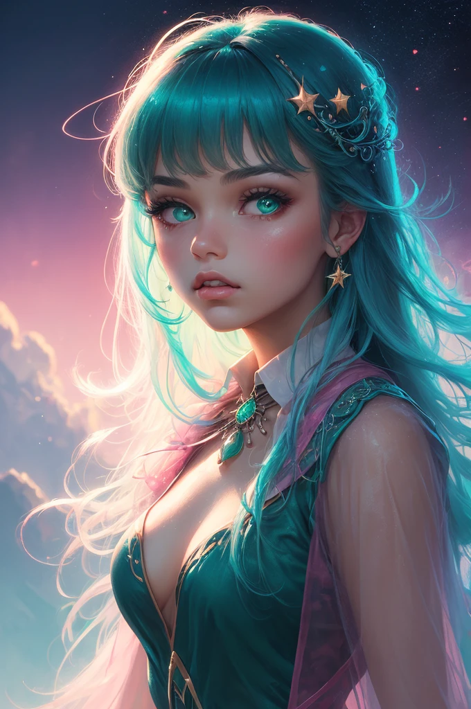 (fluorescent colors:1.4),(translucent:1.4),(retro filters:1.4), (fantasy:1.4), candy world Disney land ethereal soft fluffy soft landscape forest snowavatar Pastel pink sky green blue sparkle ethereal light pastel whimsical light rainbow stars diamonds sparkle gemstone background hyper realistic Ultra quality cinematic lighting immense detail Full hd painting Well lit,diagonal bangs,, collared dress,on side, masterpiece, best quality,realskin,(portrait:1.5), 1girl, blunt bangs, long hair