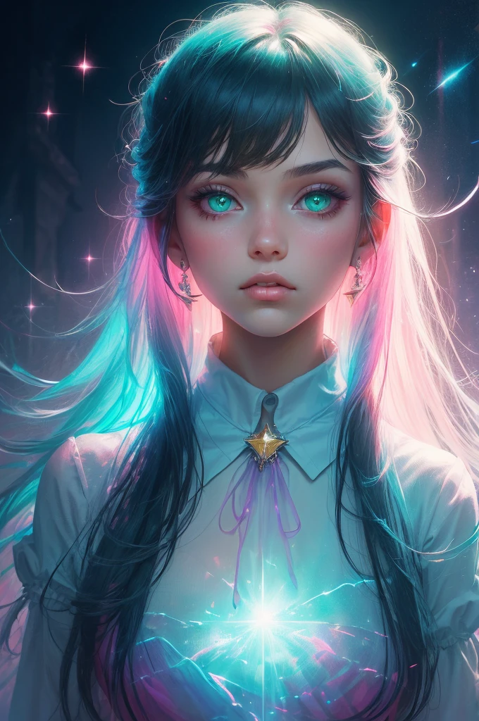 (fluorescent colors:1.4),(translucent:1.4),(retro filters:1.4), (fantasy:1.4), candy world Disney land ethereal soft fluffy soft landscape forest snowavatar Pastel pink sky green blue sparkle ethereal light pastel whimsical light rainbow stars diamonds sparkle gemstone background hyper realistic Ultra quality cinematic lighting immense detail Full hd painting Well lit,diagonal bangs,, collared dress,on side, masterpiece, best quality,realskin,(portrait:1.5), 1girl, blunt bangs, long hair