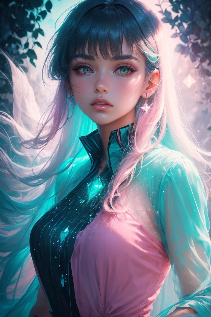 (fluorescent colors:1.4),(translucent:1.4),(retro filters:1.4), (fantasy:1.4), candy world Disney land ethereal soft fluffy soft landscape forest snowavatar Pastel pink sky green blue sparkle ethereal light pastel whimsical light rainbow stars diamonds sparkle gemstone background hyper realistic Ultra quality cinematic lighting immense detail Full hd painting Well lit,diagonal bangs,, collared dress,on side, masterpiece, best quality,realskin,(portrait:1.5), 1girl, blunt bangs, long hair