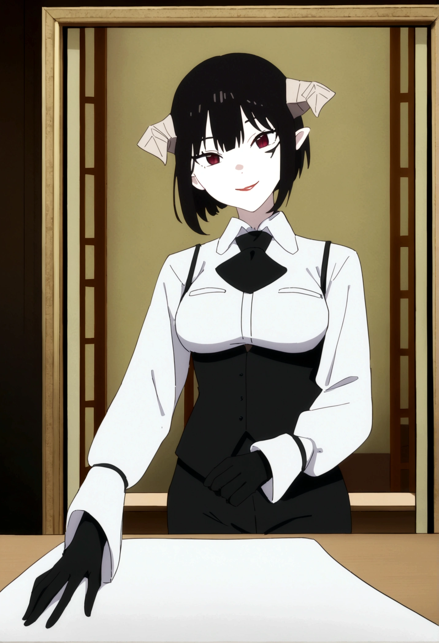 work of art, best qualityer, high resolution, 1girl horns short hair demon tail, white shirt black ascot black gloves black pants black vest , sheet, mao nos lips,beautiful smile,shining eyes,desk,low lighting