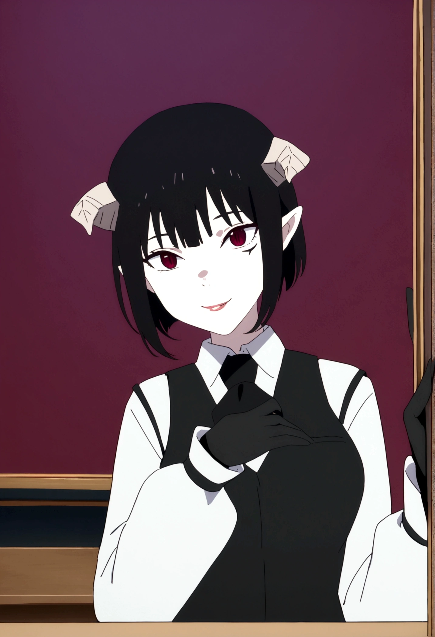 work of art, best qualityer, high resolution, 1girl horns short hair demon tail, white shirt black ascot black gloves black pants black vest , sheet, mao nos lips,beautiful smile,shining eyes,desk,low lighting