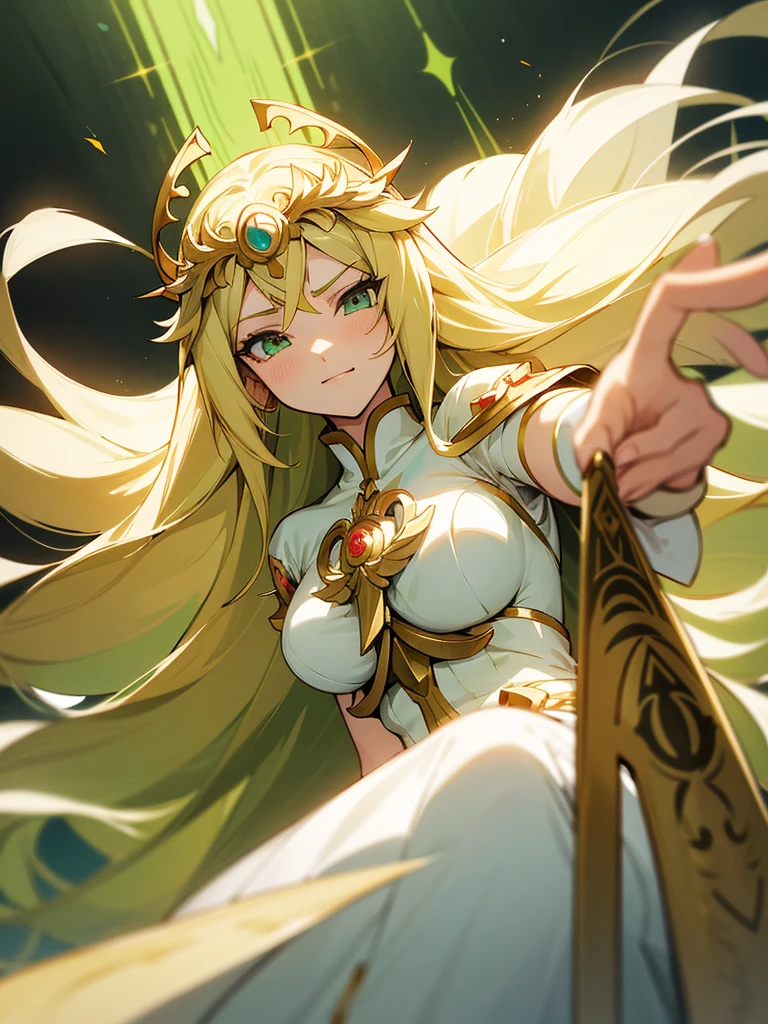 anime girl in a white dress with long blonde hair and a green and white dress, anime goddess, palutena, the goddess artemis smirking, lady palutena, portrait knights of zodiac girl, official art, ((a beautiful fantasy empress)), the godess hera looking angry, blonde anime girl with long hair, ancient goddess, anime visual of a cute girl