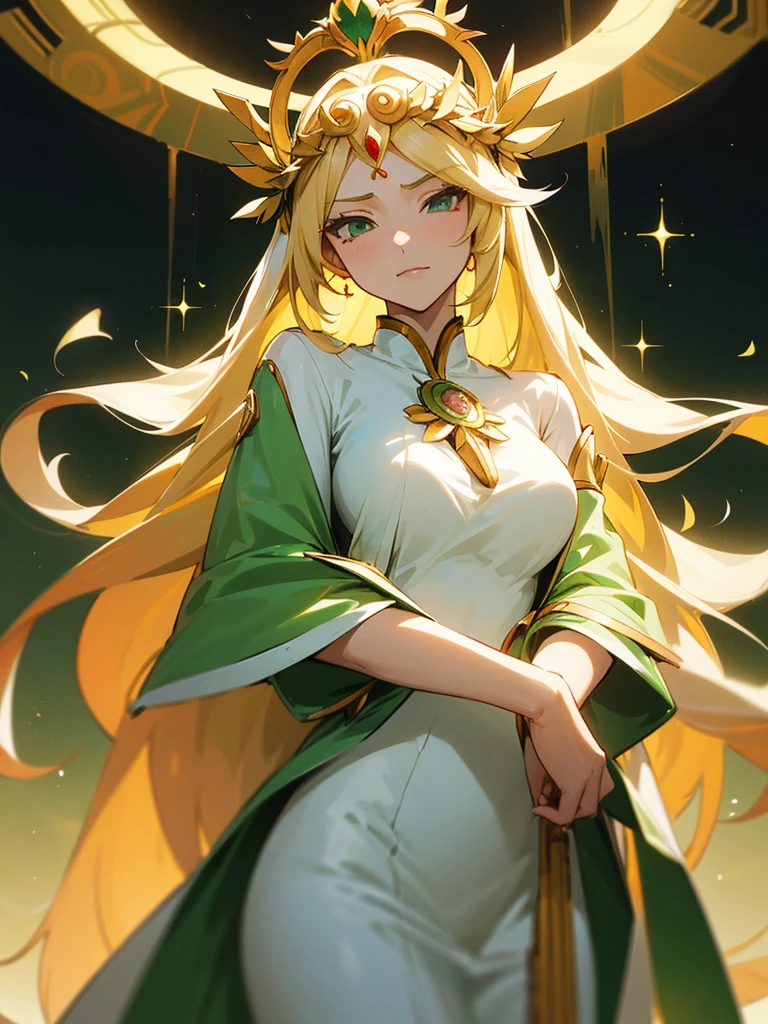 anime girl in a white dress with long blonde hair and a green and white dress, anime goddess, palutena, the goddess artemis smirking, lady palutena, portrait knights of zodiac girl, official art, ((a beautiful fantasy empress)), the godess hera looking angry, blonde anime girl with long hair, ancient goddess, anime visual of a cute girl