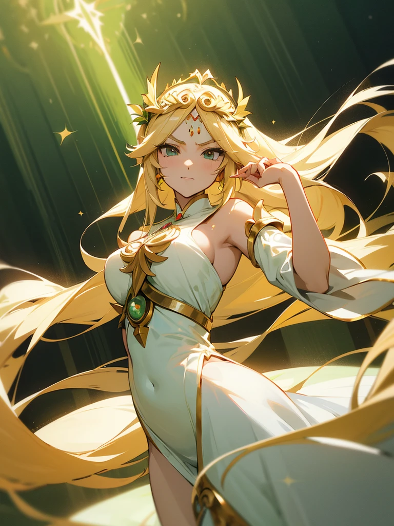anime girl in a white dress with long blonde hair and a green and white dress, anime goddess, palutena, the goddess artemis smirking, lady palutena, portrait knights of zodiac girl, official art, ((a beautiful fantasy empress)), the godess hera looking angry, blonde anime girl with long hair, ancient goddess, anime visual of a cute girl