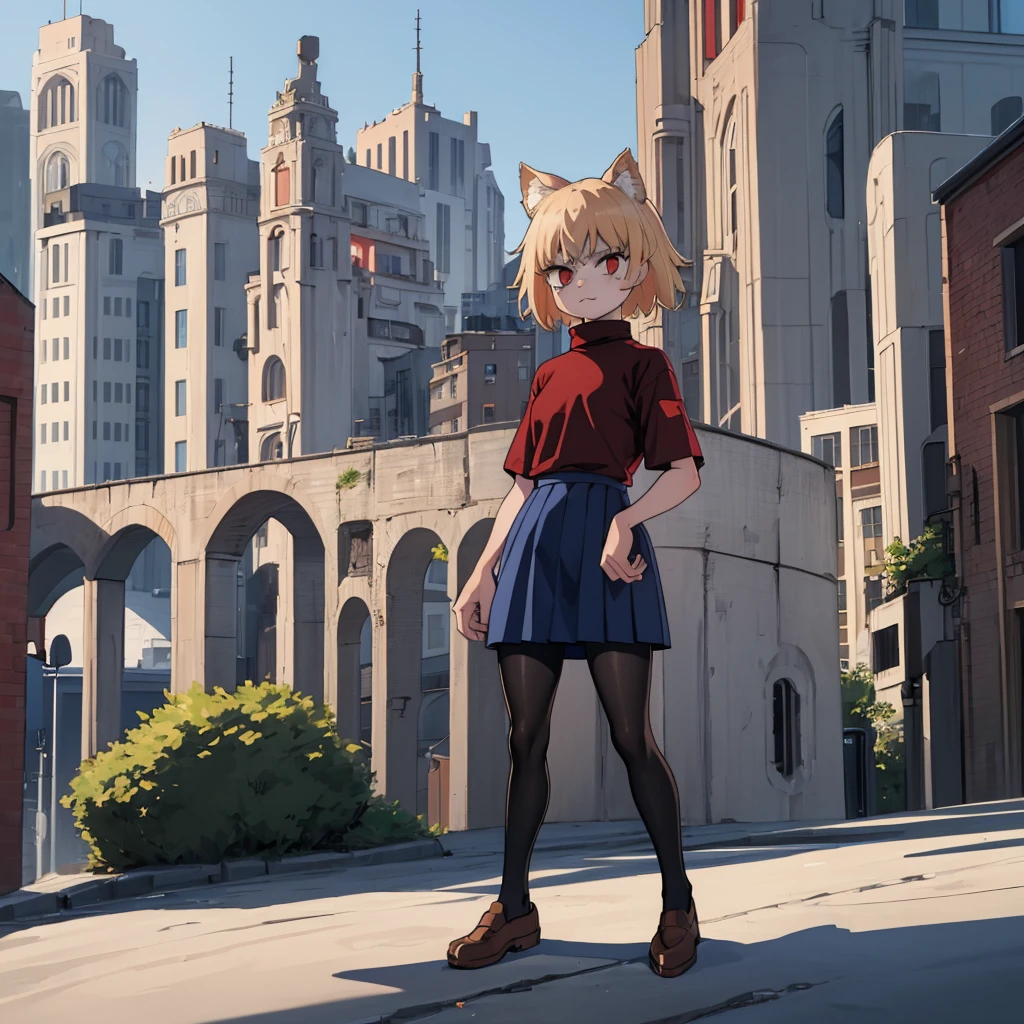 (masterpiece, best quality:1.2),  necoarc, slit pupils, cat ears, blonde hair, red eyes, chibi, 1boy, solo, white turtleneck, blue skirt, pleated skirt, brown footwear, pantyhose, outdoors, highlight thighs, :3, landscape, cool pose, femboy 