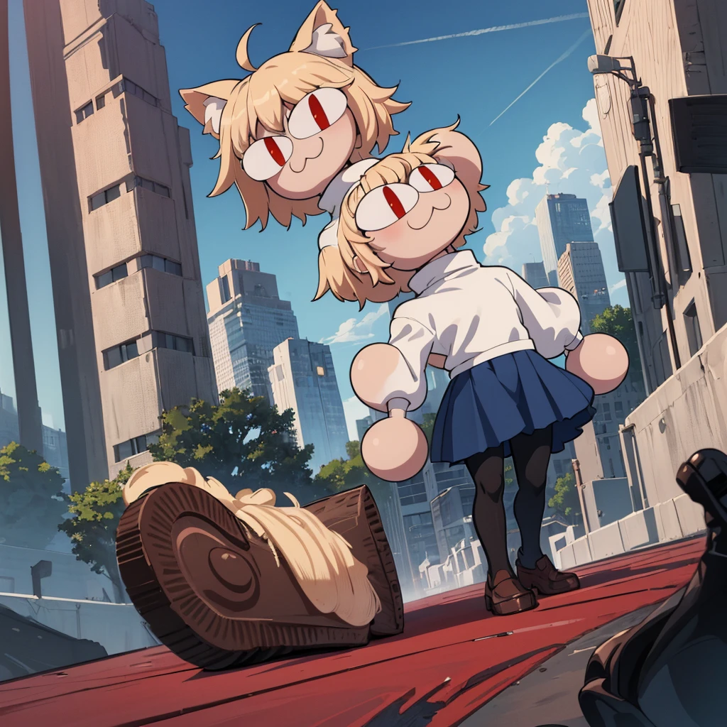 (masterpiece, best quality:1.2),  necoarc, slit pupils, cat ears, blonde hair, red eyes, chibi, 1boy, solo, white turtleneck, blue skirt, pleated skirt, brown footwear, pantyhose, outdoors, highlight thighs, :3, landscape, cool pose, femboy 