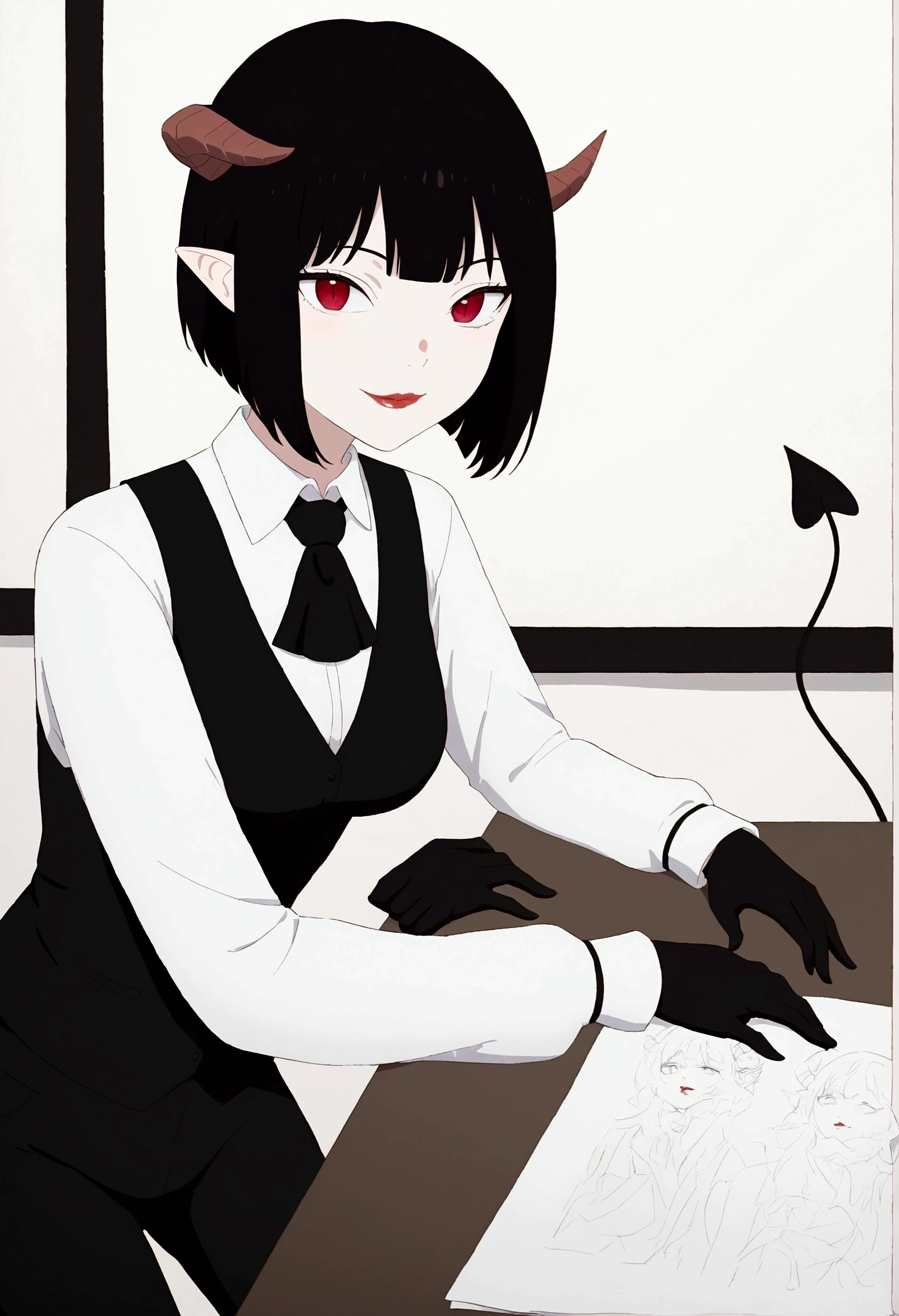 work of art, best qualityer, high resolution, 1girl horns short hair demon tail, white shirt black ascot black gloves black pants black vest , sheet, mao nos lips,beautiful smile,shining eyes,desk,low lighting