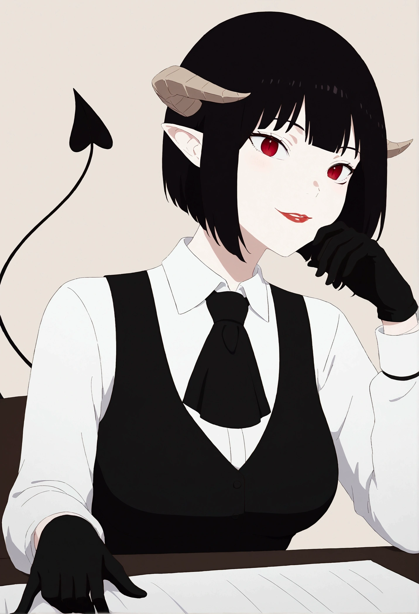 work of art, best qualityer, high resolution, 1girl horns short hair demon tail, white shirt black ascot black gloves black pants black vest , sheet, mao nos lips,beautiful smile,shining eyes,desk,low lighting
