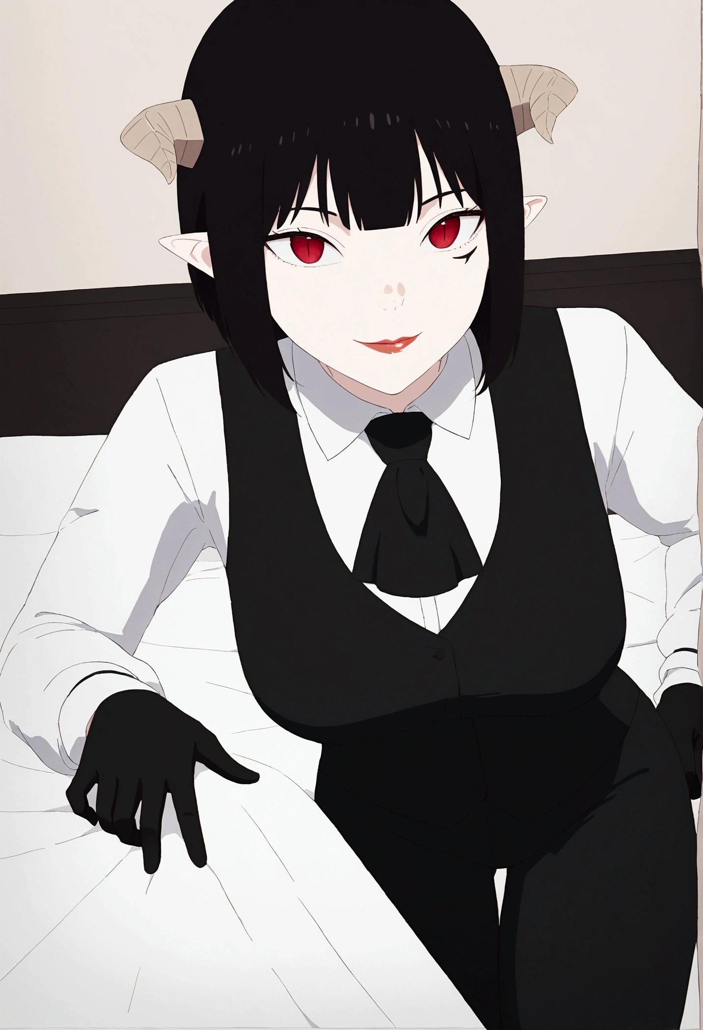 work of art, best qualityer, high resolution, 1girl horns short hair demon tail, white shirt black ascot black gloves black pants black vest , sheet, mao nos lips,beautiful smile,shining eyes,desk,low lighting
