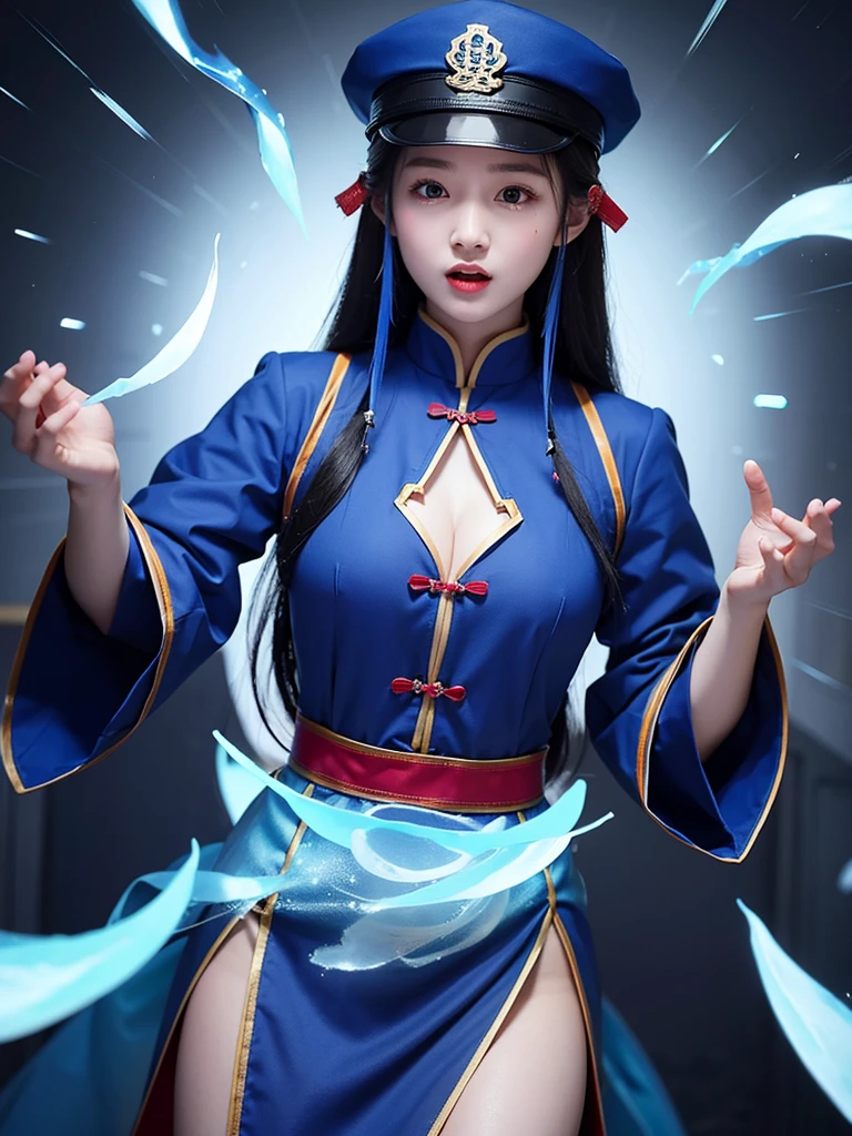 Jiangshi girl wearing blue uniform attacking with ice magic with long hair