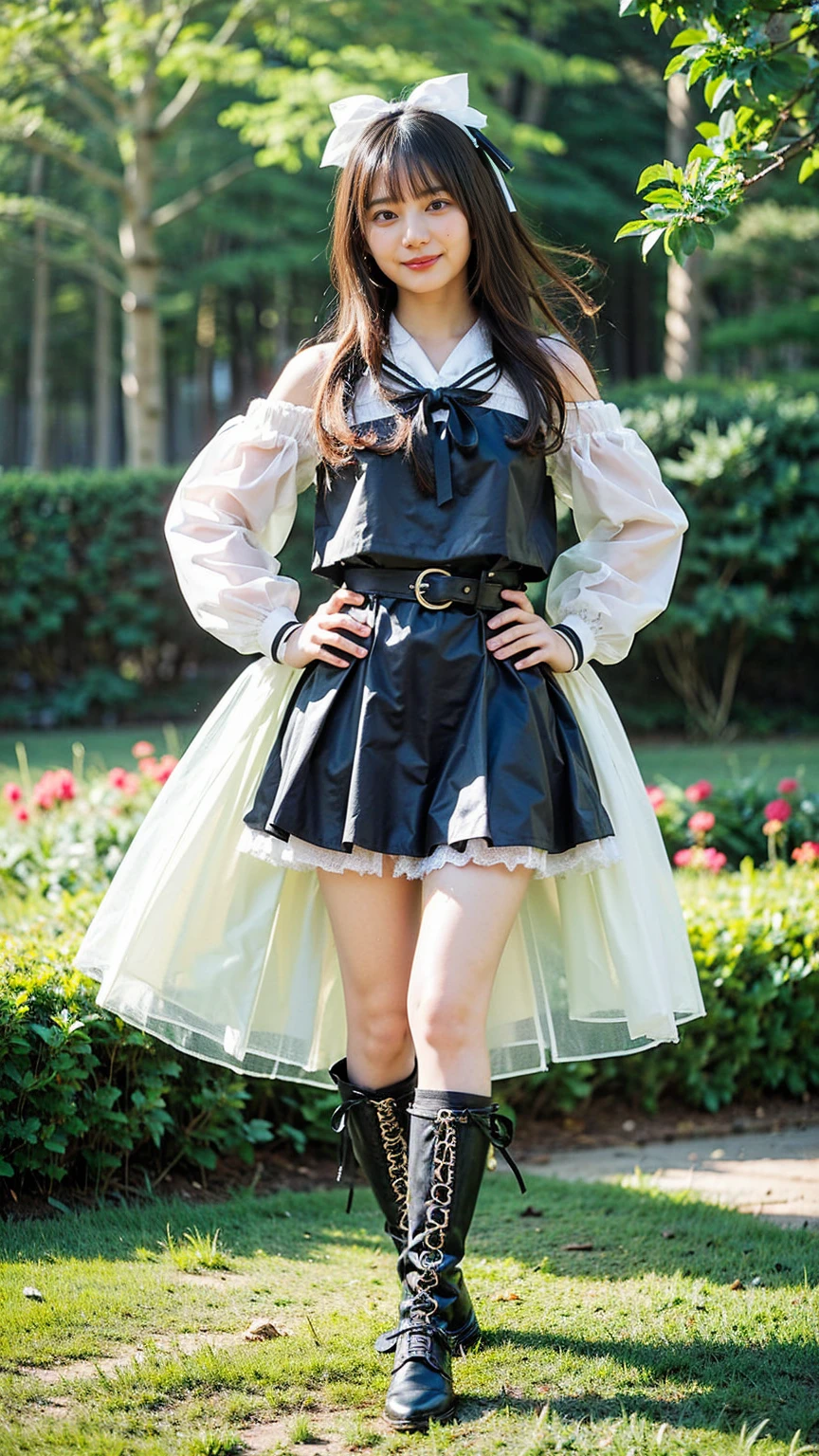 (8K、RAW Photos、Highest quality、masterpiece:1.2)、(Realistic、Realistic)、1 Girl、((mini skirt、Black and white、Thin legs、whole body、boots、Clothes with ribbons、Anime Costumes、Chest ribbon、Off the shoulder、See-through、Frills、garden、smile、View from the front、Ribbon on chest、Looking into the camera、belt、Stand with hands on hips))、
