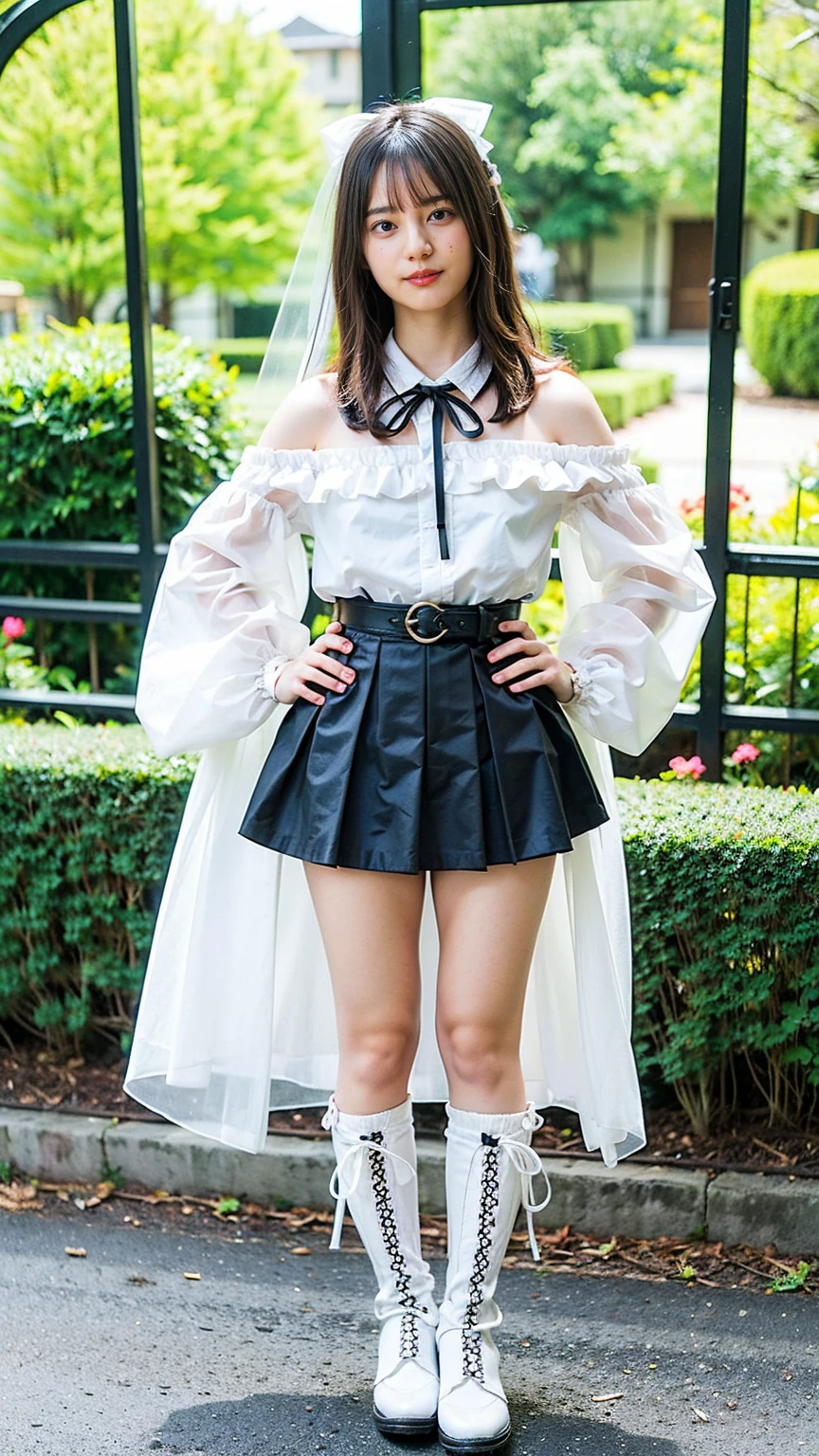 (8K、RAW Photos、Highest quality、masterpiece:1.2)、(Realistic、Realistic)、1 Girl、((mini skirt、Black and white、Thin legs、whole body、boots、Clothes with ribbons、Anime Costumes、Chest ribbon、Off the shoulder、See-through、Frills、garden、smile、View from the front、Ribbon on chest、Looking into the camera、belt、Stand with hands on hips))、