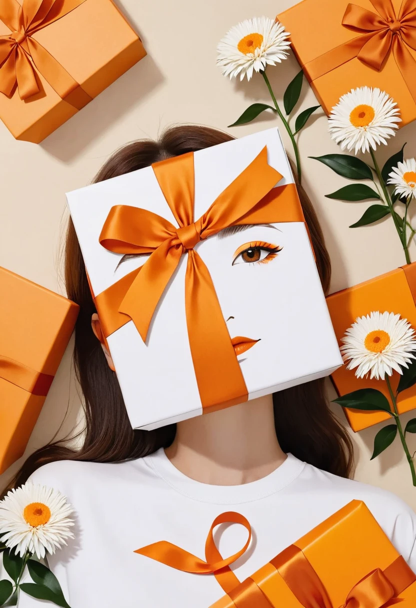 poster design,The face is a giant orange gift box,Flowers,Ribbon,White crewneck shirt,fantasy,Minimalism,fantasy,in style of Hayv Kahraman