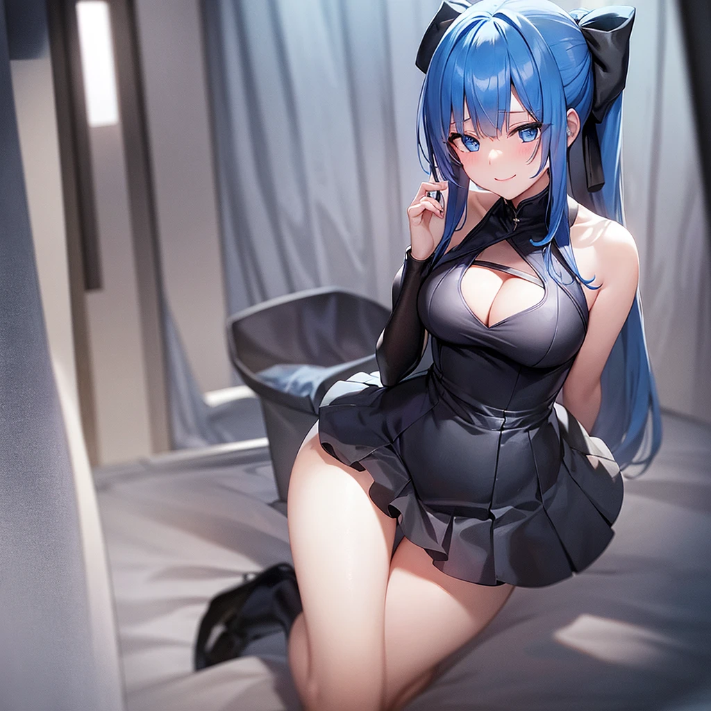 ３DCG form。Blue Eyes、Blue hair long updo girl、Slender Busty Spy、Naughty black spy outfit。Secret Underground Facility。Kneel、blush、smile。