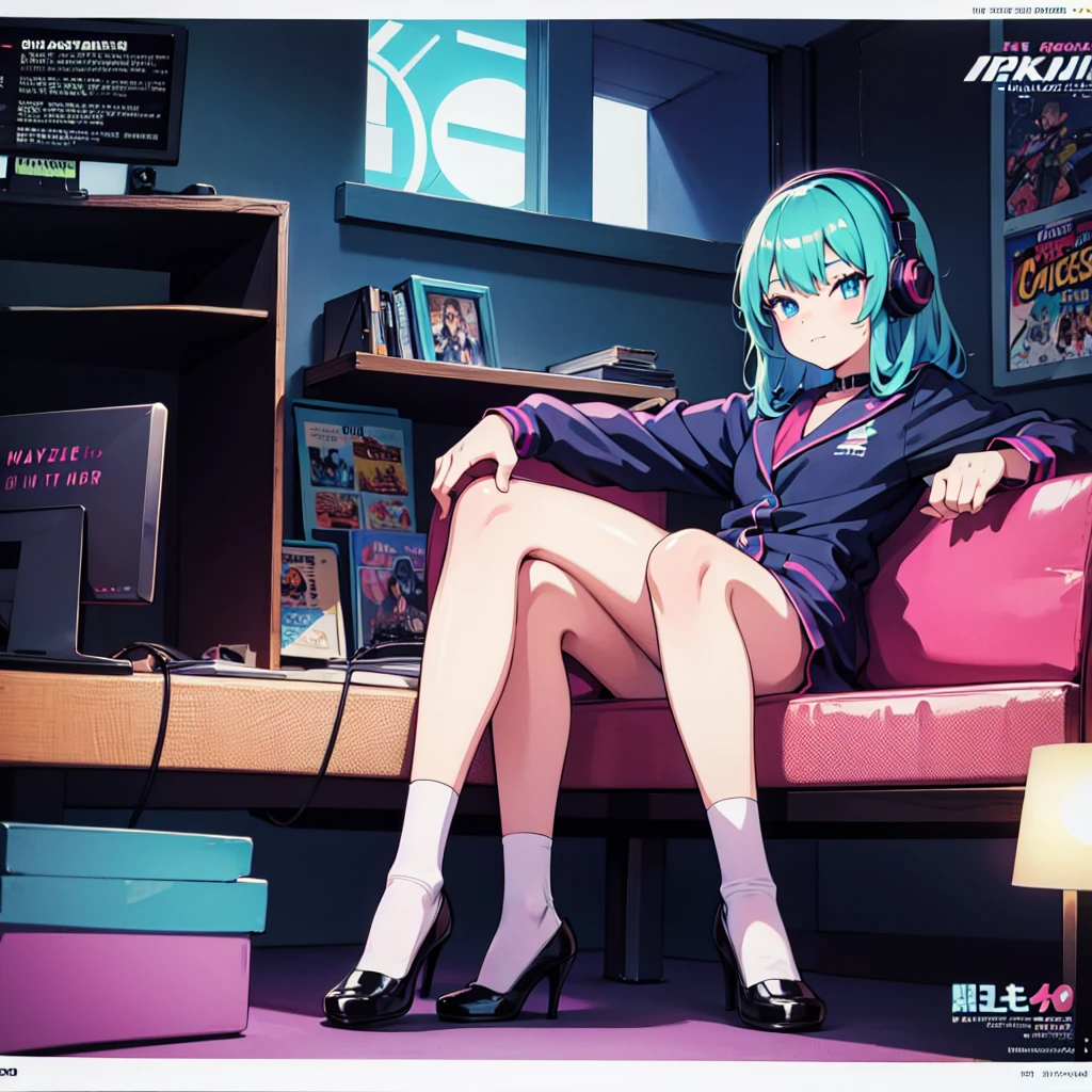 (masterpiece), Highest quality, Expressive eyes, Neon pastel aesthetics, Retro 90s, Neon color,((Girl sitting on sofa,In a cozy room,Records hanging on her wall, Comic books on the floor, Looking out the window behind her at the night city, Upholstered room, Anime figures lined up on a shelf)), Wearing headphones, (All around her it sparkles), (Wearing high socks and heels), (blue eyes), (Soft look), (Synthwave Art Style), Colorful Hair, Desk with PC set up