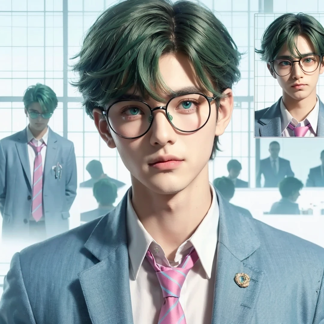 Handsome boy, green hair, green eyes, wearing light blue  with pink necktie, wearing black round eyeglass