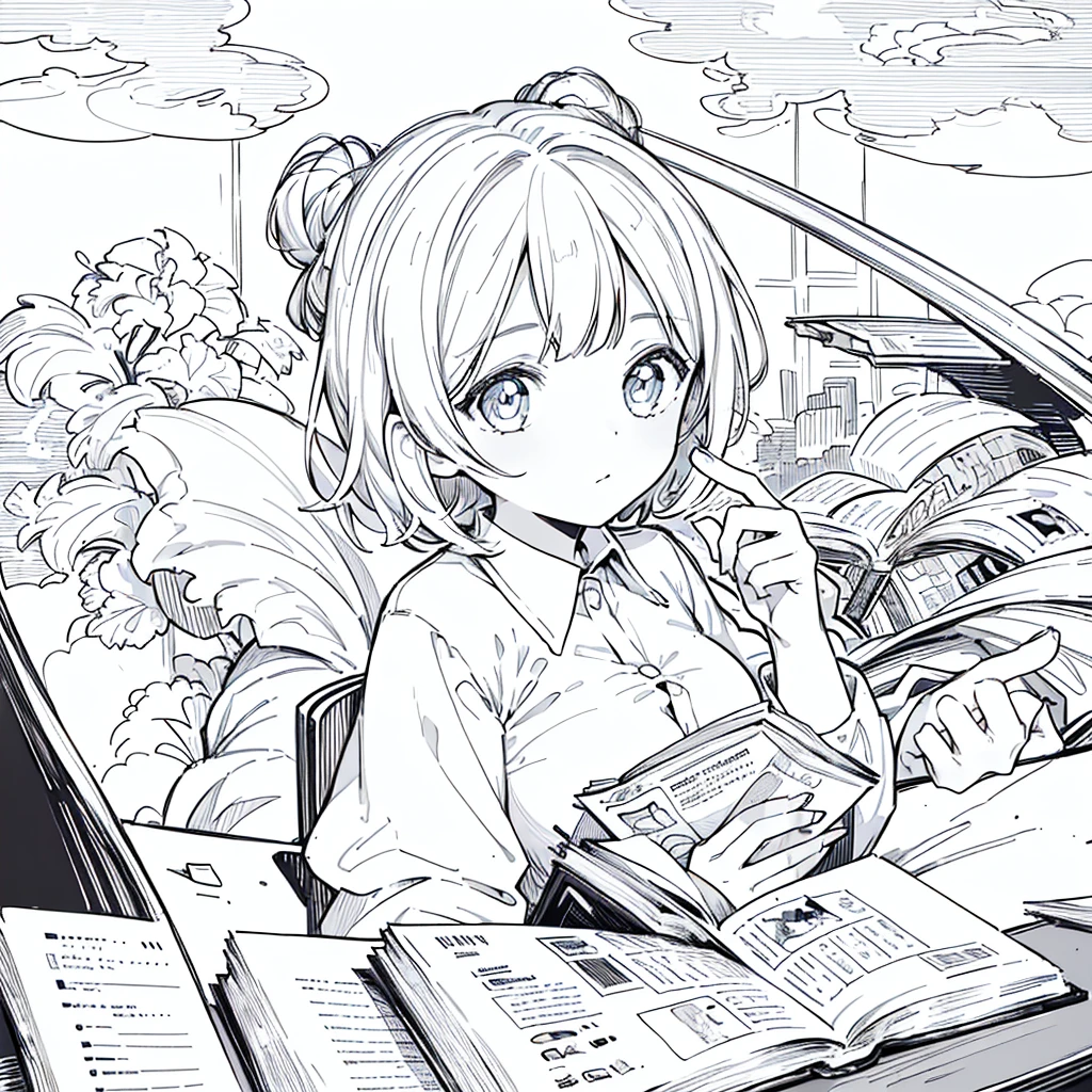 A girl,close up, wearing white shirt, reading a book, (best quality:1.3), (highres:1), (detailed:1.3), (incredible:1.3), (perfect:1.3), (perfection:1.3), (illustration:1.3), she's getting fun while reading it, dynamic on scene,Big Breasts