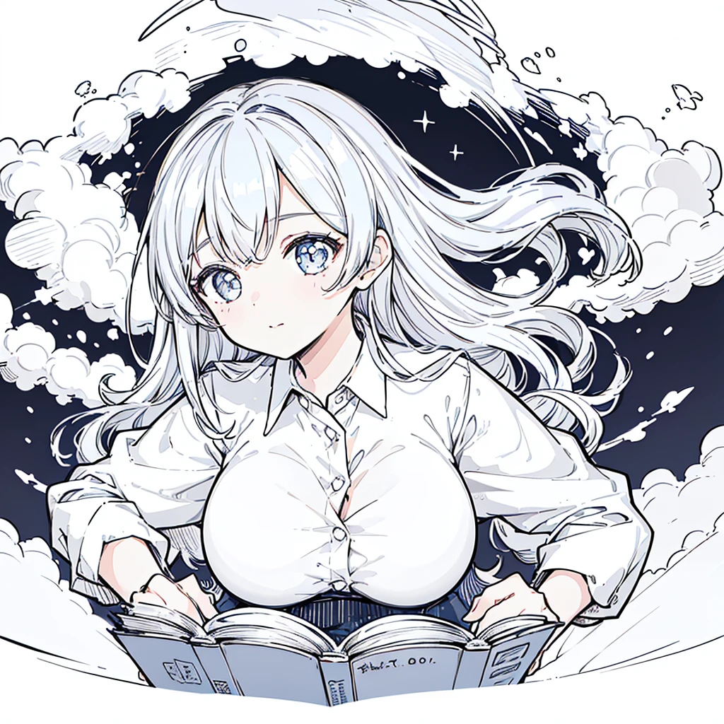 A girl,close up, wearing white shirt, reading a book, (best quality:1.3), (highres:1), (detailed:1.3), (incredible:1.3), (perfect:1.3), (perfection:1.3), (illustration:1.3), she's getting fun while reading it, dynamic on scene,Big Breasts