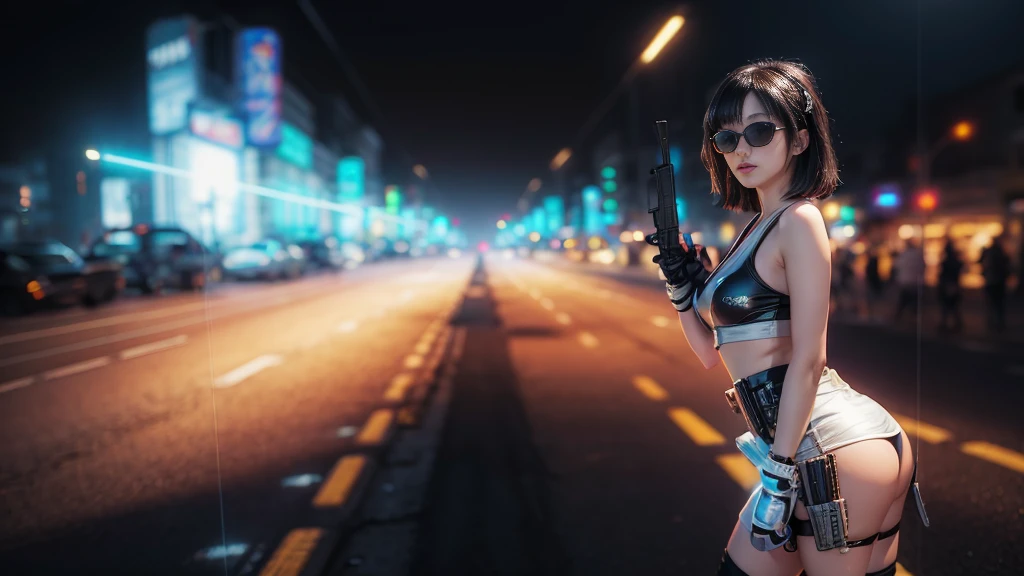 8k, Realistic Skin Texture, Realistic Photo, Neo Tokyo, slim women, large-breast:1.3 cleavage:1.2, AD2050 at night, Dirty hunting jacket, Wearing tube top, miniskirt, (((black sunglasses, automatic rifle, sneakers, cold, shooting pose, very low angle view))), Innovative composition, revenge, cyberpunk, blade runner worldview, Large neon sign, Geisha hologram sign, Strong Wakamoto Sign.