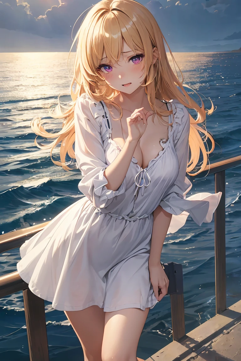 masterpiece, absurdres, best quality, ultra detailed, high Resolution, detailed illustration, bright colour, (extremely beautiful detailed face and eyes, Delicate beautiful face, 1 girl, cute face:1.3), (magenta eyes:1.1), sparkling eyes, big eyes, big breasts, (perky breasts:1.1), (pointy breasts:1.1), medium hips, glamorous body, white skin, BREAK, (blonde hair:0.8), messy hair, detailed hair, shiny hair, BREAK (down blouse, mini casual dress:1.3), perfect lighting, (embarrassed:1.3), (ecstasy, vulgarity:1.5), (trembling:0.8), (sea, Standing on embankment:1.3), From below,