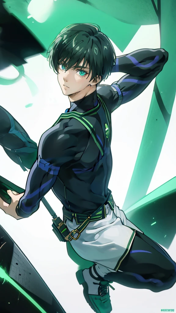 A man, green hair, green eyes, Rin Itoshi, from blue lock, full body, anime, handsome, white background, Indonesian high school clothes,Stand facing forward, camera straight