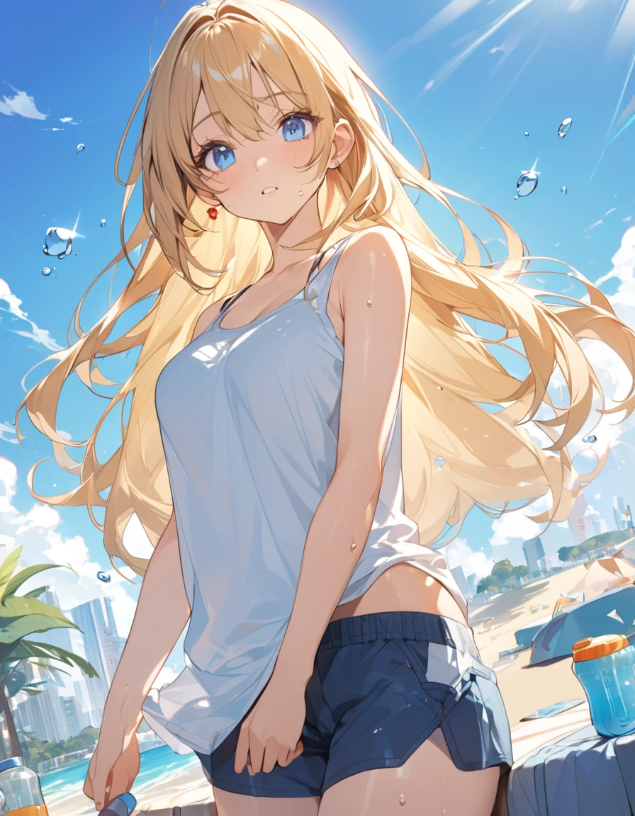 (Top quality illustrations:1.2), (pretty girl:1.1), (1 girl、17 years old、Top quality illustrations:1.2), (1 girl、Kind eyes、blue eyes:1.2)、Blonde、Semi-long hair、Mature、Beautiful breasts 、Tank top、Shorts、summer、blue sky、Sweat、profile、Drink water、PET bottles、Wet