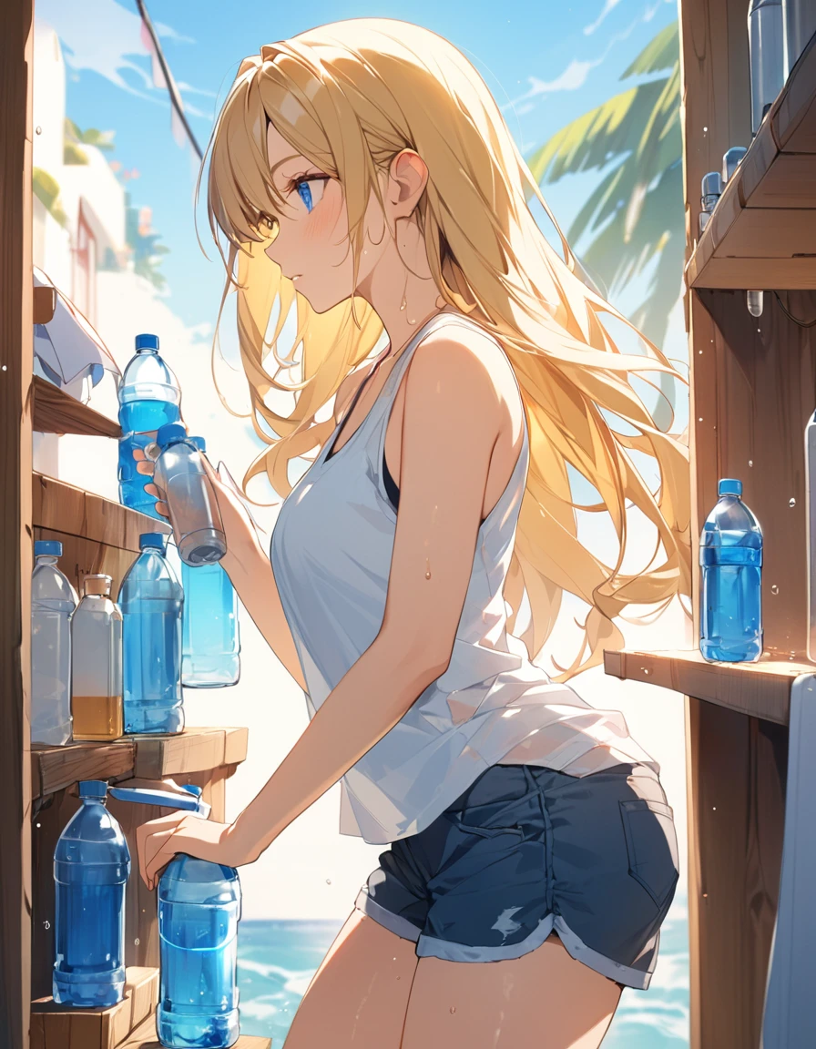 (Top quality illustrations:1.2), (pretty girl:1.1), (1 girl、、Top quality illustrations:1.2), (1 girl、Kind eyes、blue eyes:1.2)、Blonde、Semi-long hair、Mature、Beautiful breasts 、Tank top、Shorts、summer、blue sky、Sweat、profile、Drink water、PET bottles、Wet