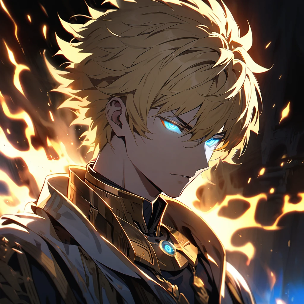 male, solo, handsome, blond hair, god, god eyes, glowing eyes, light, aura, holo, golden