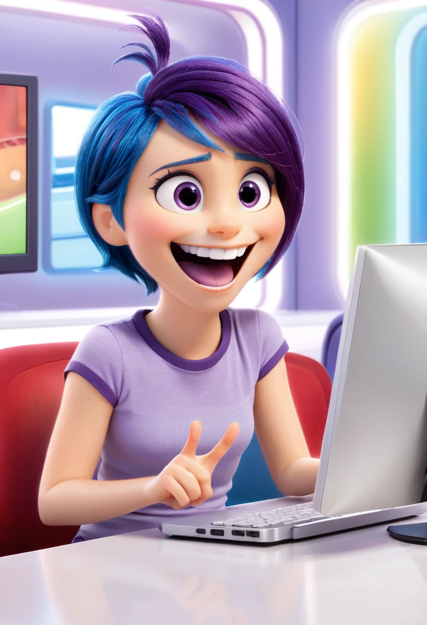 Fear (a character in the movie "Inside Out" purple) is excited, happy while looking at the computer screen, smile brightly