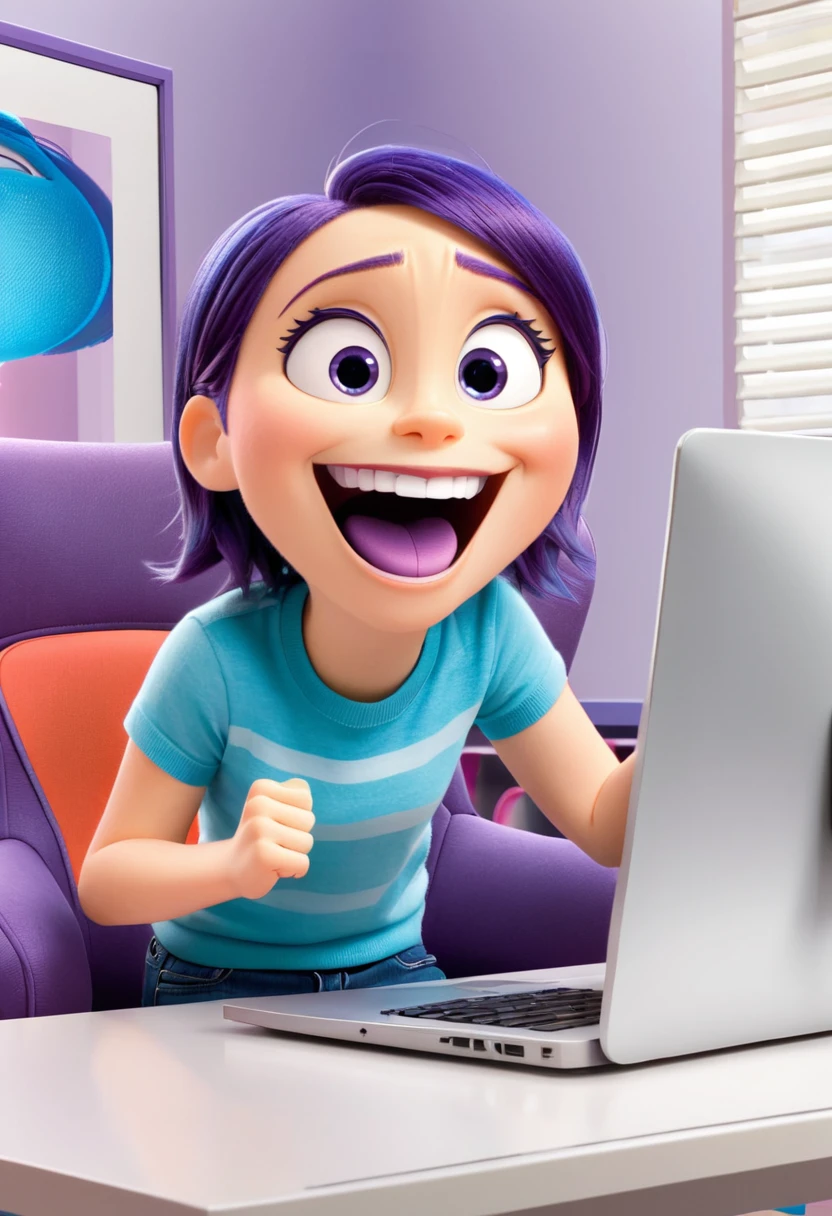 Fear (a character in the movie "Inside Out" purple) is excited, happy while looking at the computer screen, smile brightly