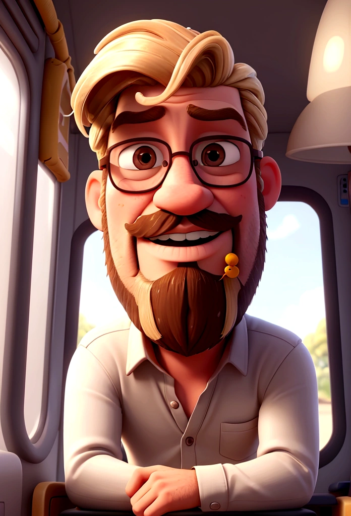 crie um homem, 32 years old, sitting inside the bus , with sunglasses, blondie hair, dark beard, light mustache, parted hair, plumpness, disney pixar style
