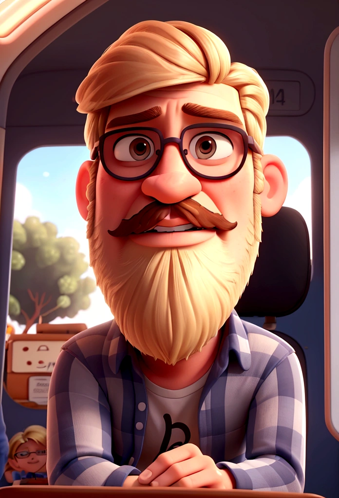 crie um homem, 32 years old, sitting inside the bus , with sunglasses, blondie hair, dark beard, light mustache, parted hair, plumpness,  disney pixar style

