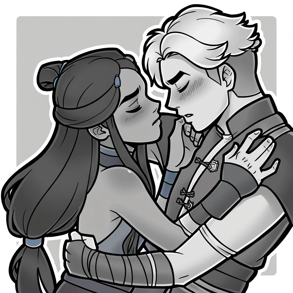 Score_9, score_8_up, 1girl, katara, 1boy, prince zuko, together, in love, smooching
