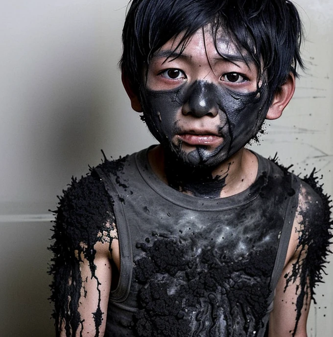 A Japanese boy covered in soot and left battered after being caught in an explosion