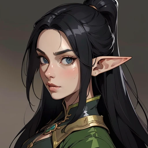 (masterpiece), (best quality),(portrait),(bust up),1girl,solo,(sharp focus),(look at viewer),elf, (black hair),(elf ranger) ,adult, (ancient:1),ancient luxurious long clothes,old school fantasy art,((simple background)),super shiny face