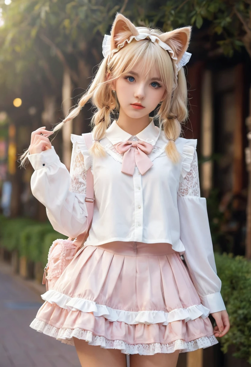 Superb detail, 8k photos, hyper-realism, professional light, realistic background, visual depth, background bokeh, wide angle lens, full body, (, cute, loli, flat c, cat ears), 1girl, colored eyes, blonde hair, (Lolita fashion: , (lace, frilled shirt, white petticoat, sneakers), (plush toy), pink cute backpack, street, fashion