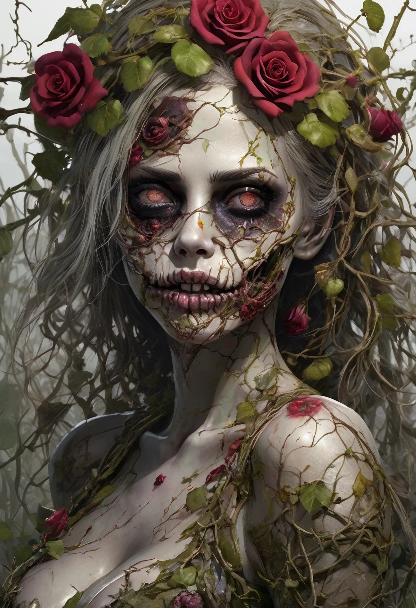 Thorny rose vines entwining around the body of a female zombie:2.0、Wearing a dirty and damaged floral dress、Detailed decayed eyes、Detailed collapsed lips、Highly detailed skull-like face、Pale grass-colored skin、Sunken eye sockets、Big Breasts、Big Butt、The skin of the female zombie&#39;s body is marred by rose thorns、(A struggling female zombie holds up her arms to show her armpits:1.4)、Dark and gritty、Cinematic lighting、High contrast、Gloomy atmosphere、Super detailed、8K、Photorealistic、masterpiece、Horror、Gothic、victorianstyle