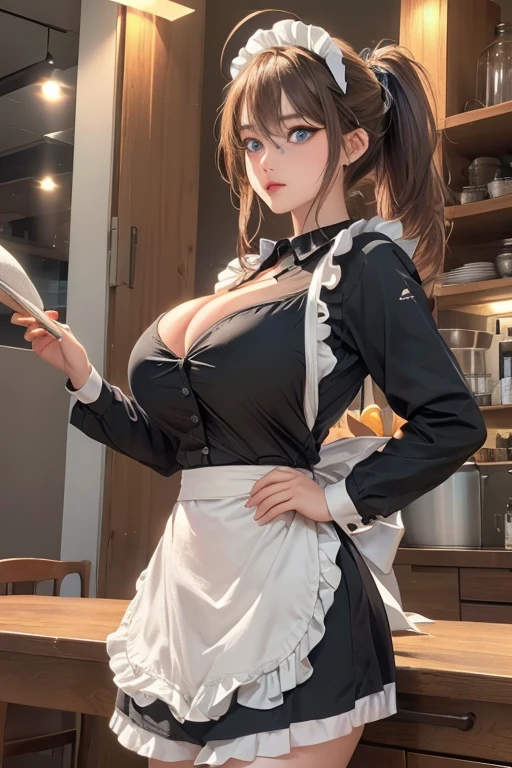 (((Full and soft breasts,)))(((Huge breasts))) (((Cleavage))) (Perfect curvy figure), Battle Island Isuzu,Brown hair, Brown eyes, Long hair, Antenna hair, Ponytail, Hairpin,Large Breasts, rest (maid headdress, maid, Long sleeve, Collared shirt, Black shirt, maid apron:1.2), rest (masterpiece:1.2), best quality, high resolution, Unity 8K wallpaper, (illustration:0.8), (Beautiful and delicate eyes:1.6), Extremely detailed face, Perfect lighting, Extremely detailed CG, (Perfect hands, Perfect anatomical structure),(Delicate and beautiful eyes: 1.2),