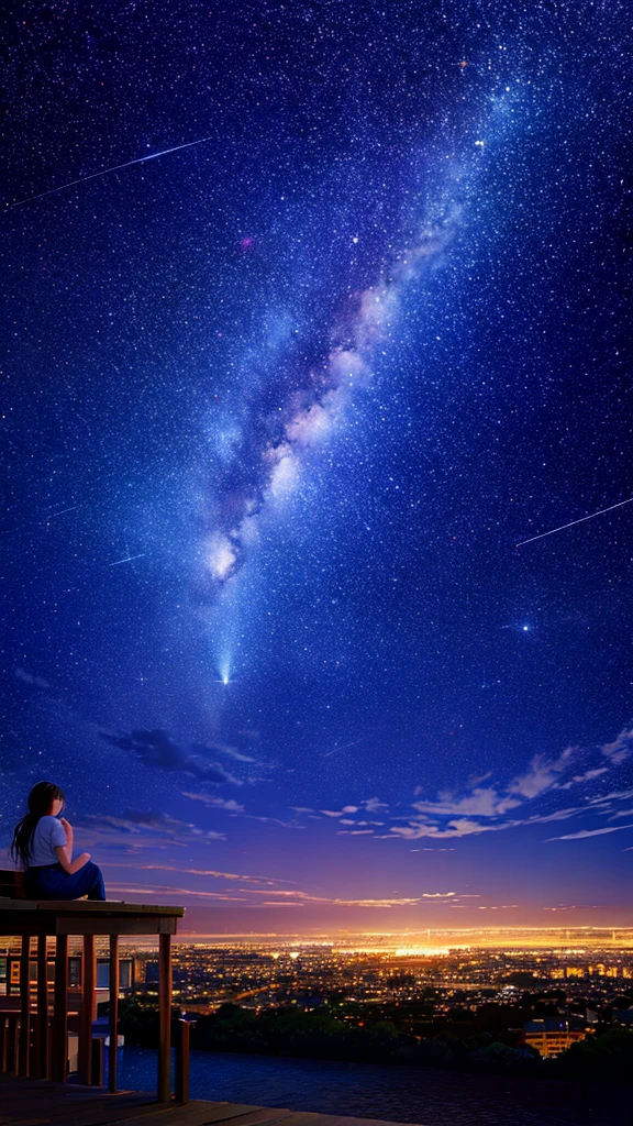 octans, sky, star (sky), scenery, starry sky, night, 1girl, night sky, solo, outdoors, building, cloud, milky way, sitting, tree, long hair, city, silhouette, cityscape