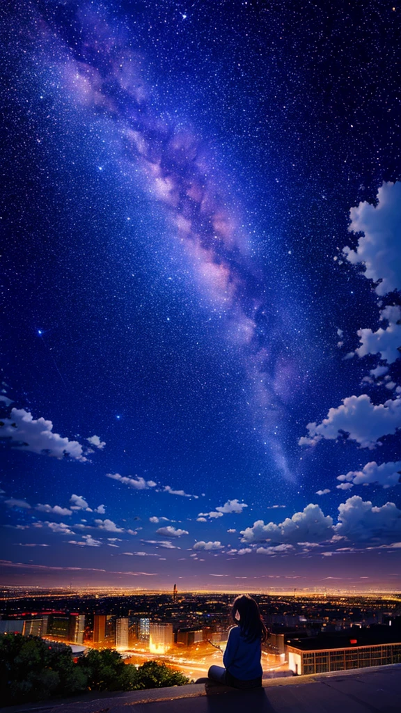 octans, sky, star (sky), scenery, starry sky, night, 1girl, night sky, solo, outdoors, building, cloud, milky way, sitting, tree, long hair, city, silhouette, cityscape