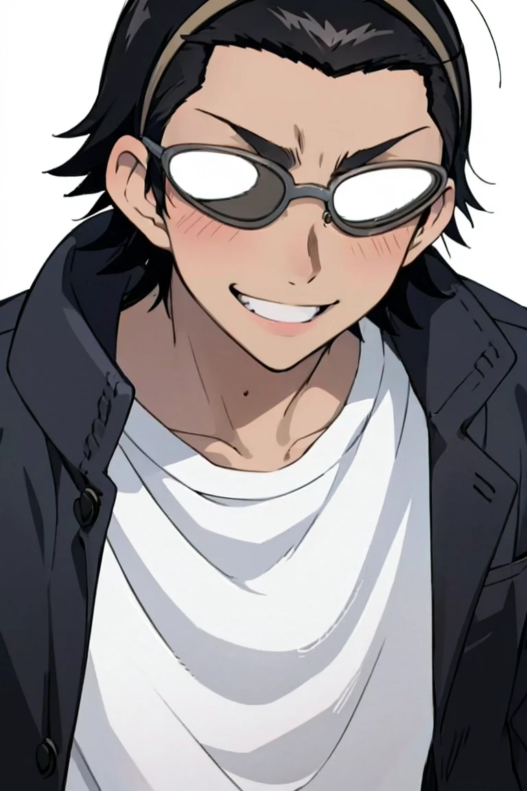  1boy, solo, harimakenji, glasses, hairband, looking_at_viewer, serious, gakuran, white_shirt,chibi,cute,smile,happy