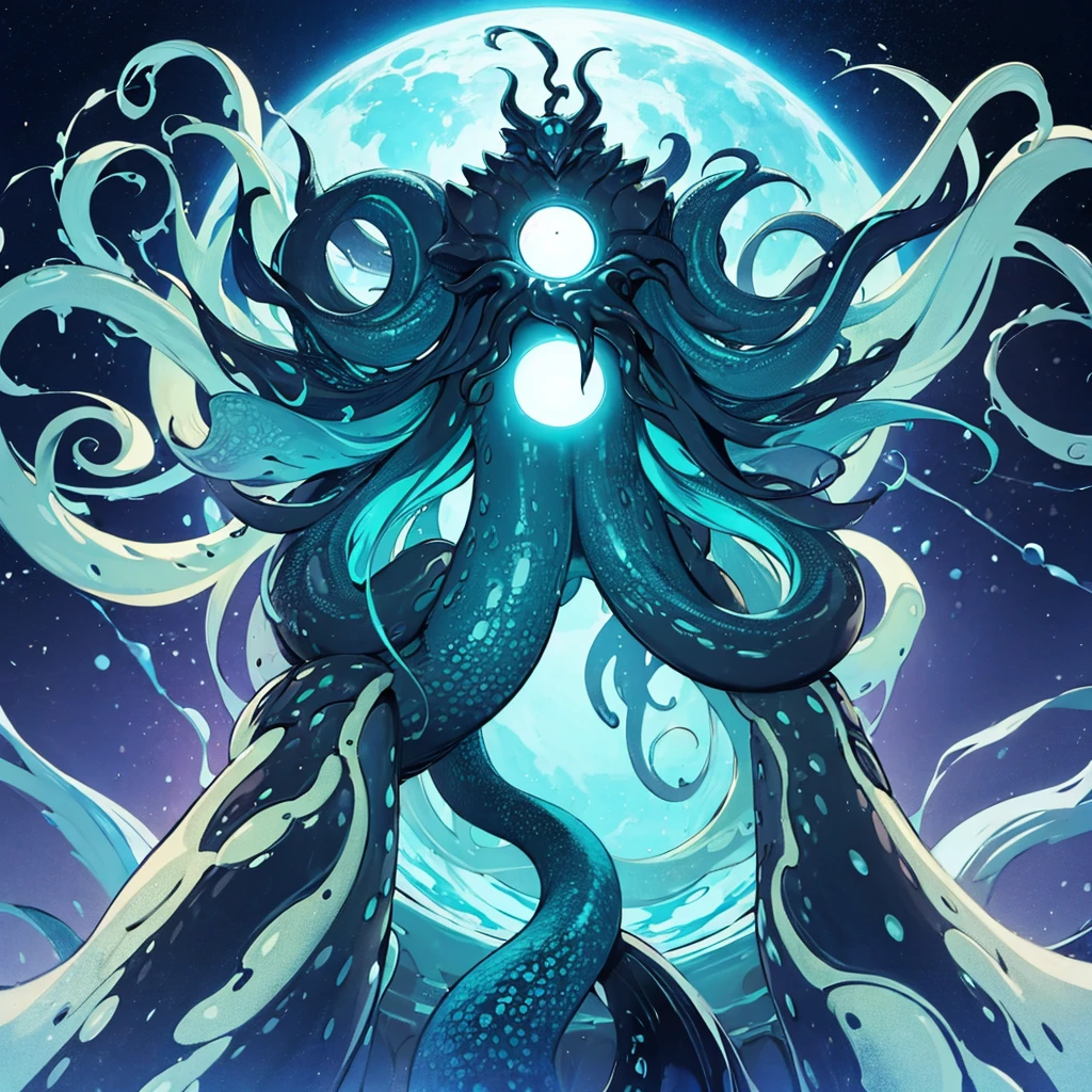(((No humans)))、An alien tentacle creature with tentacles branching out from a central body with a single large eye、From below
