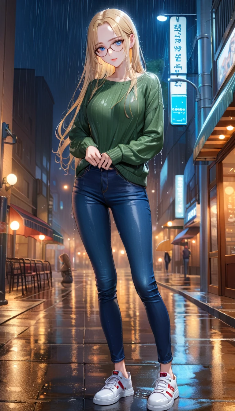 ((best quality, masterpiece:1.3, 8K)), (detailed), highly detailed face and skin texture, detailed eyes, (seductive pose:1.1), downtown, night time, rain, raining, in the rain, full body, (slender body:1.1), 1girl, 25 years old, white skin, blue eyes, reading glasses, bright lips, seductive smile, blonde hair, straight hair, long hair, wet hair, (forehead:1.0), green sweater, jeans pants, skinny jeans, blue jeans, white sneakers, wet clothes,