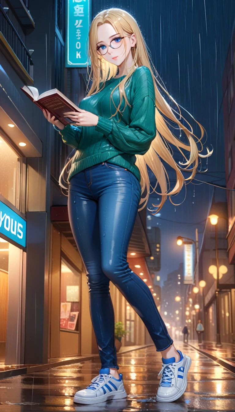((best quality, masterpiece:1.3, 8K)), (detailed), highly detailed face and skin texture, detailed eyes, (seductive pose:1.1), downtown, night time, rain, raining, in the rain, full body, (slender body:1.1), 1girl, 25 years old, white skin, blue eyes, reading glasses, bright lips, seductive smile, blonde hair, straight hair, long hair, wet hair, (forehead:1.0), green sweater, jeans pants, skinny jeans, blue jeans, white sneakers, wet clothes,