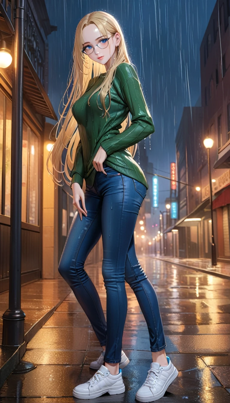 ((best quality, masterpiece:1.3, 8K)), (detailed), highly detailed face and skin texture, detailed eyes, (seductive pose:1.1), downtown, night time, rain, raining, in the rain, full body, (slender body:1.1), 1girl, 25 years old, white skin, blue eyes, reading glasses, bright lips, seductive smile, blonde hair, straight hair, long hair, wet hair, (forehead:1.0), green sweater, jeans pants, skinny jeans, blue jeans, white sneakers, wet clothes,